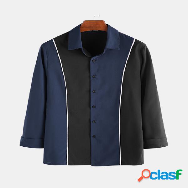 Mens Business Casual Patchwork Contraste Cor Camisas de