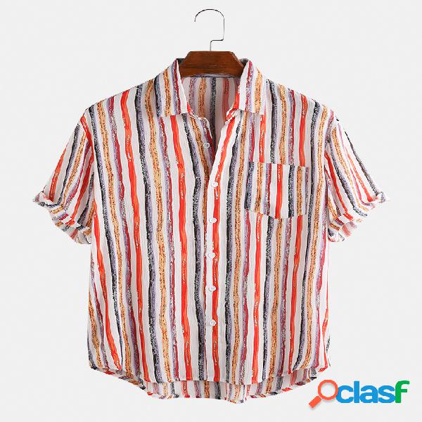 Mens Casual Color Striped Lapel respirável Collar Camisas