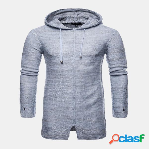 Mens Casual Mid-Long manga comprida com capuz de malha