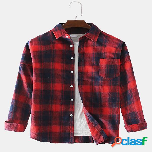 Mens Casual Plaid Printed Turn Down Collar Manga comprida