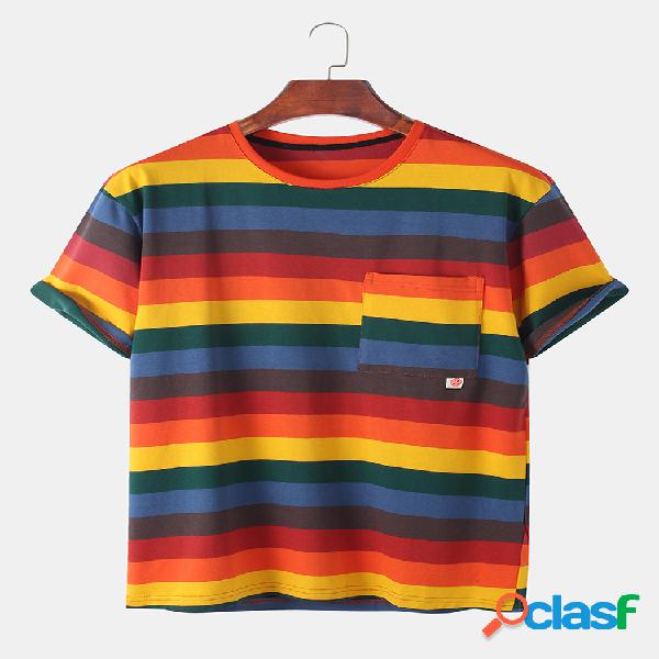 Mens Color Striped Chest Pocket Camisetas de manga curta em