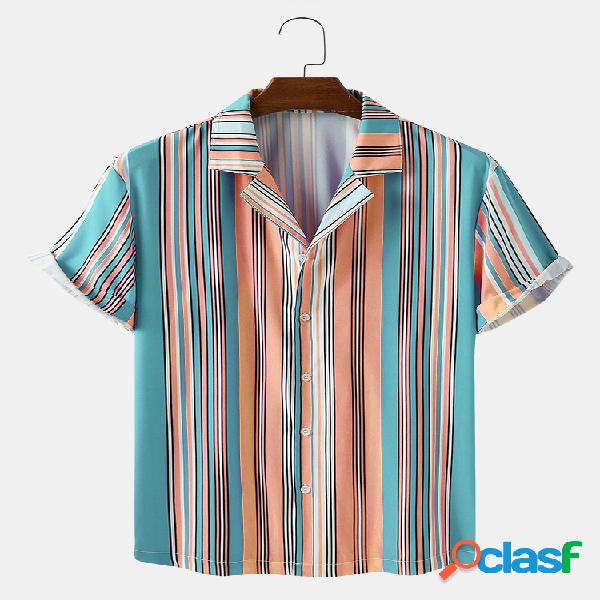 Mens Colorful Camisas listradas de manga curta respirável