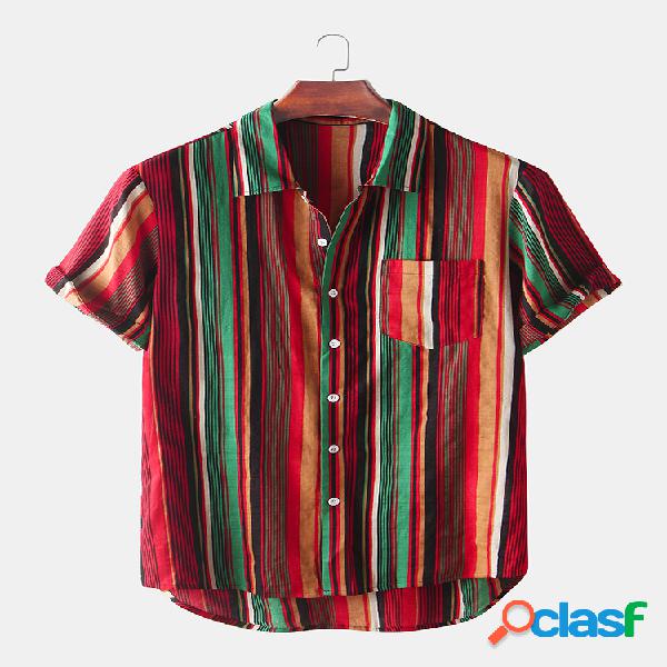 Mens Colorful Listrado Casual Algodão Peito Camisas de