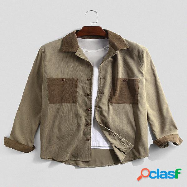Mens Corduroy Patchwork Bolsos no peito duplos Camisas de