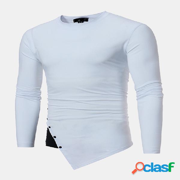 Mens Costura Cor Irregular Botões Hem Casual T-shirt