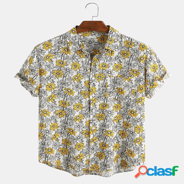 Mens Daisy Impresso no peito bolso manga curta lapela colar