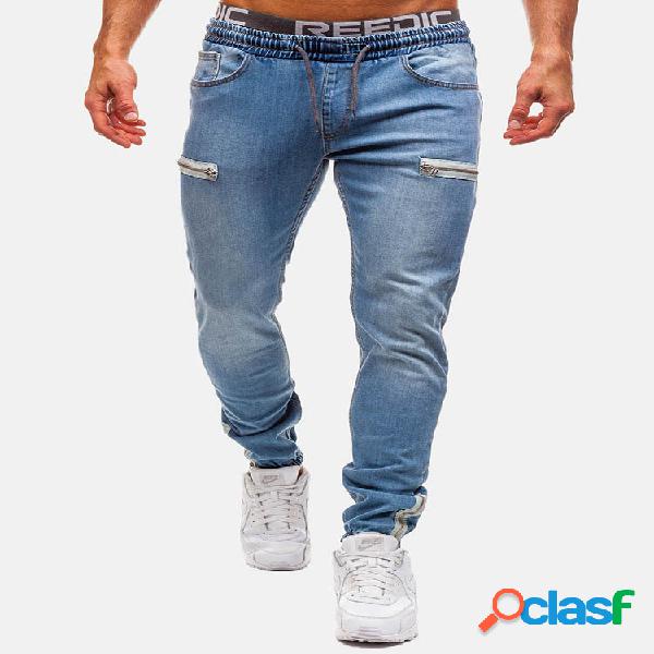 Mens Denim Zipper lavagem cordão Fit Casual Jeans