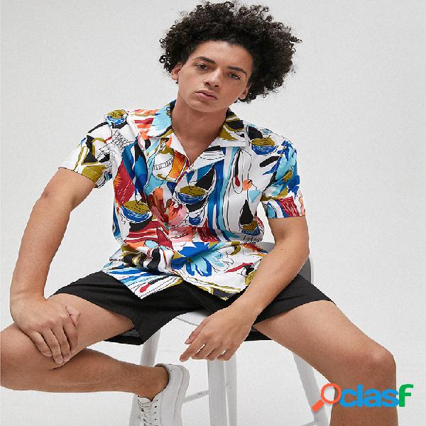 Mens Designer Pintados à mão Floral lapela manga curta