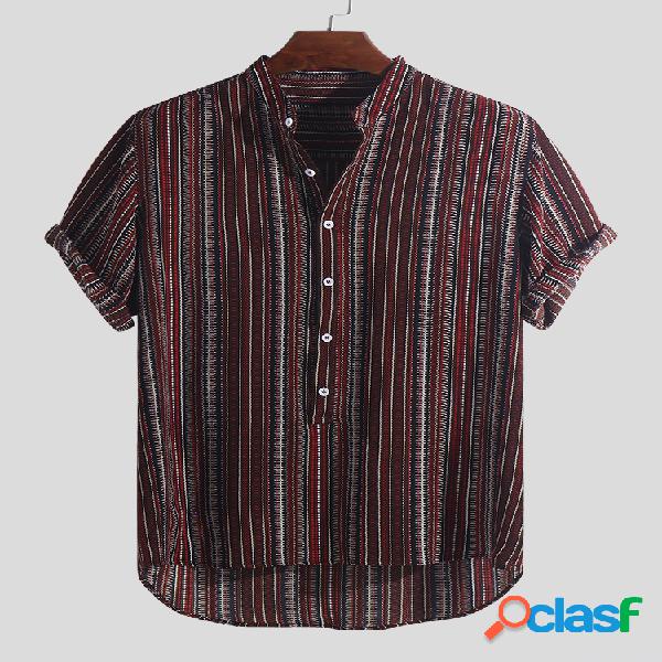 Mens Estilo étnico Impresso Stripe Stand Collar Manga curta