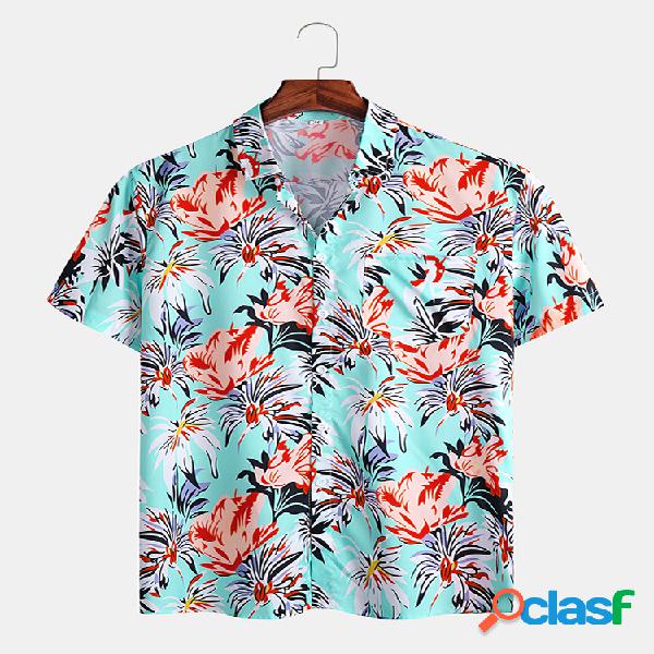 Mens Floral & Folha Impresso Casual Holiday Camisas de manga