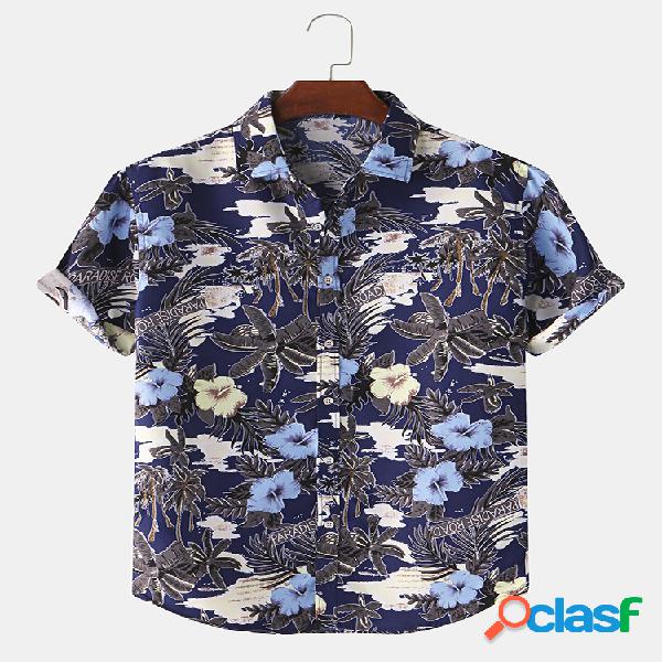 Mens Floral Paradise Print Turn Down Collar Camisas de manga