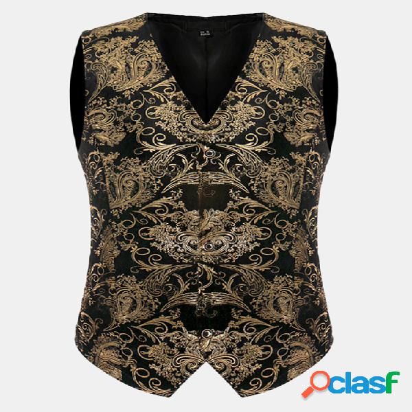 Mens Gold Floral Vest Vest Slim Fit Impressão Banquete de