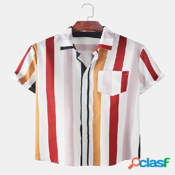 Mens Holiday Colorful Vertical Stripe manga curta Camisa