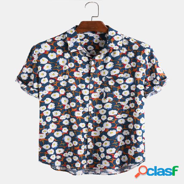 Mens Holiday Daisy impresso peito bolso manga curta Camisa