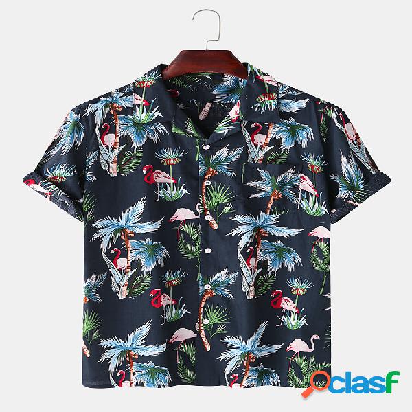 Mens Holiday Flamingo Planta Bolso no peito impresso Manga