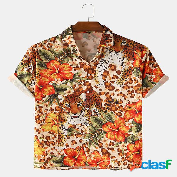 Mens Leopard Floral Impresso manga curta lapela colar Camisa