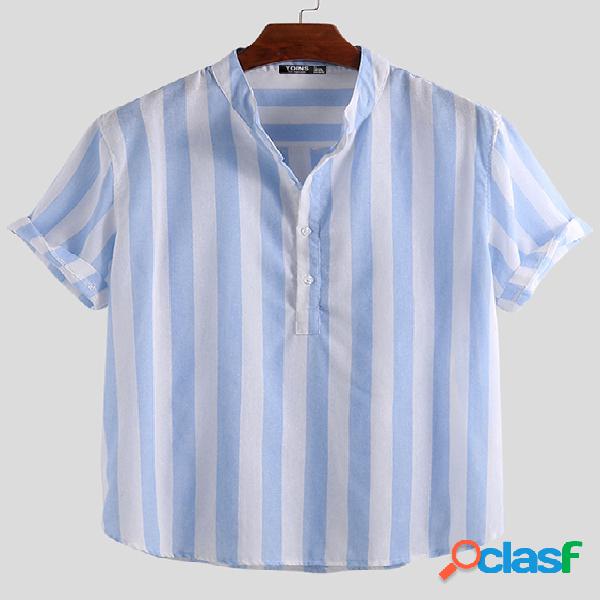 Mens Linen Casual Striped Collarless Shirts Manga curta