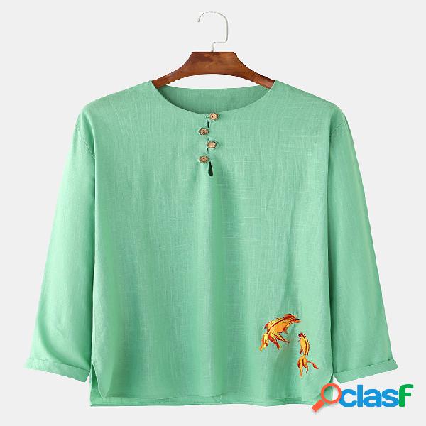 Mens Linen Koi Impressão bordada Casual Loose Long Sleeve