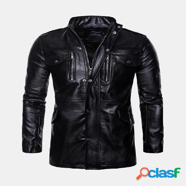 Mens Mid-Length PU Couro Multi-bolsos Stand Collar Casual