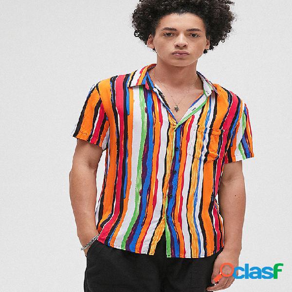 Mens Multi Color Graffiti Striped Chest Pocket Camisas de