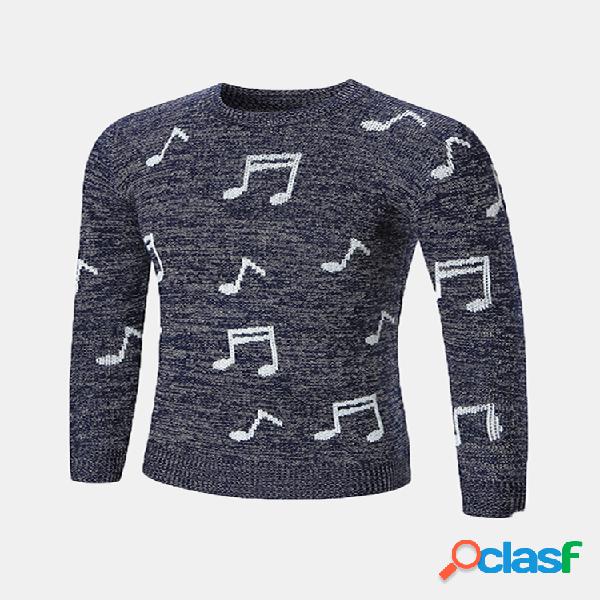 Mens Musical Note Padrão Pulôver de gola com mangas