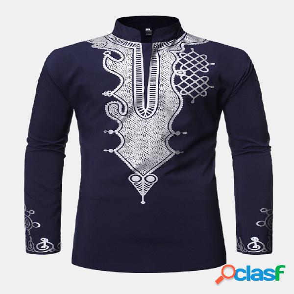 Mens National Style Gilding Padrão Camisas africanas de