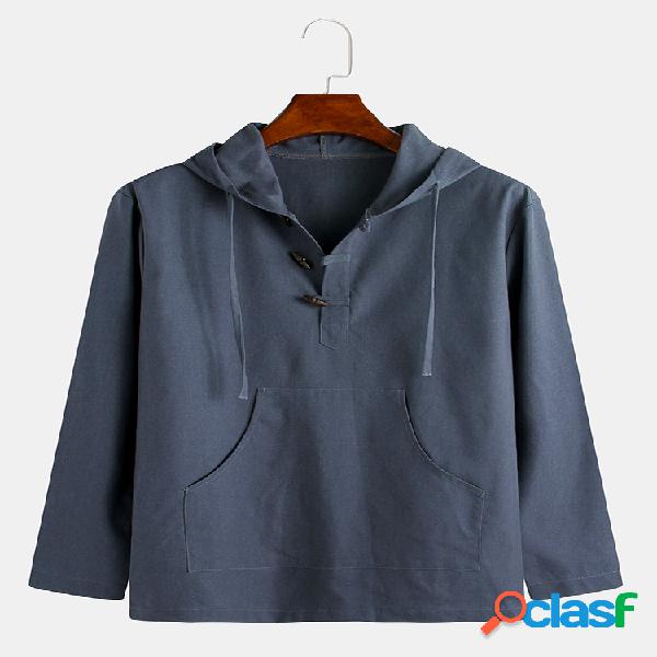 Mens National Style Plain manga comprida Botões Hoodies