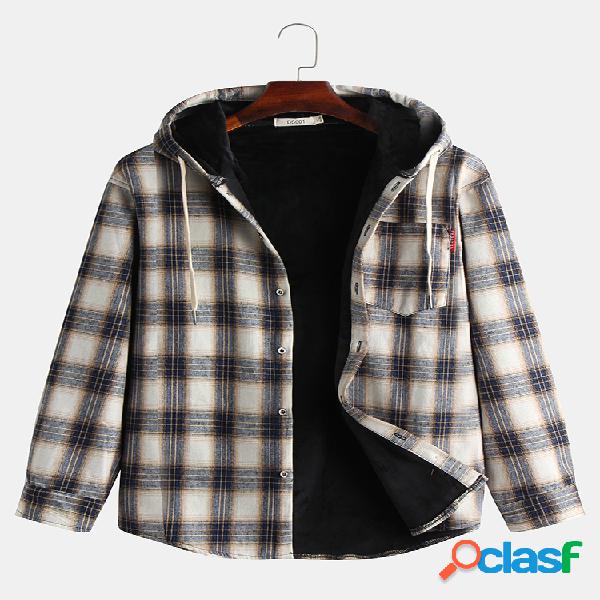 Mens Plain Plaid Chest Pocket Drawstring Casacos com capuz