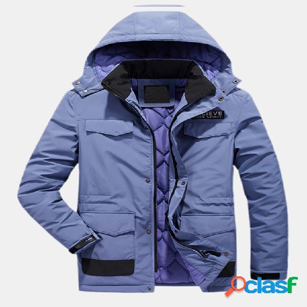 Mens Plain Solid Color Grosso Multi Bolsos Parka com capuz