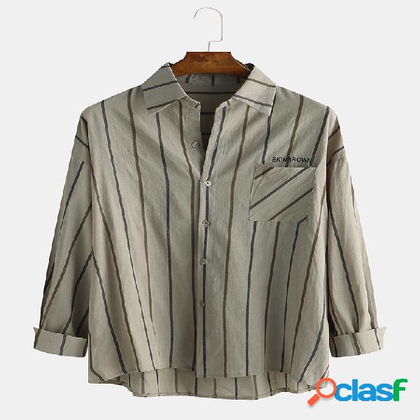 Mens Plain Stripe Chest Pocket Camisas de manga comprida