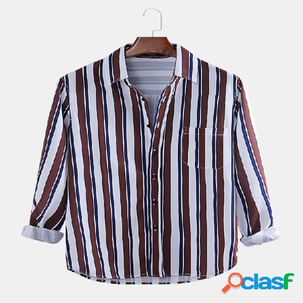 Mens Plain Stripe Contrast Color Camisas de manga comprida