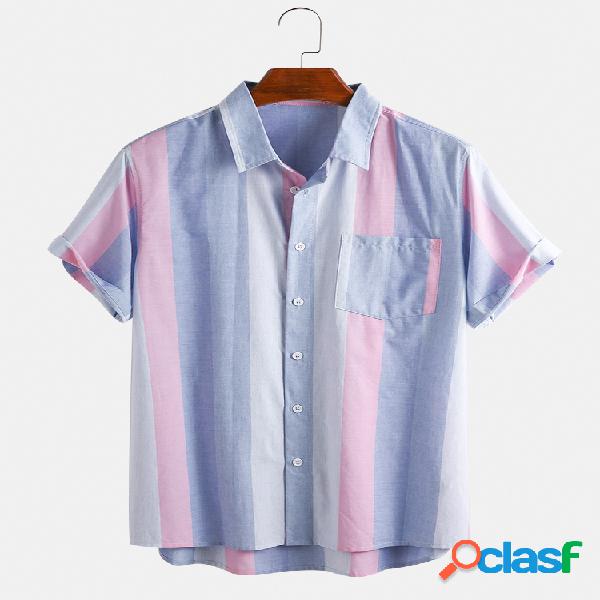 Mens Simple Color Casual Striped Chest Pocket Camisas de