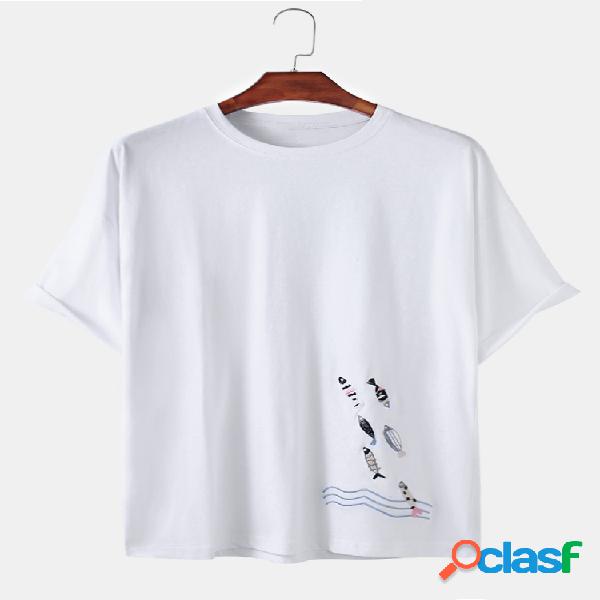 Mens Simple Fish Embroidery Casual Loose O-neck T-shirts