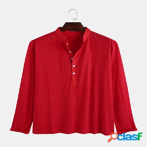 Mens Solid Color respirável Casual manga comprida Henley
