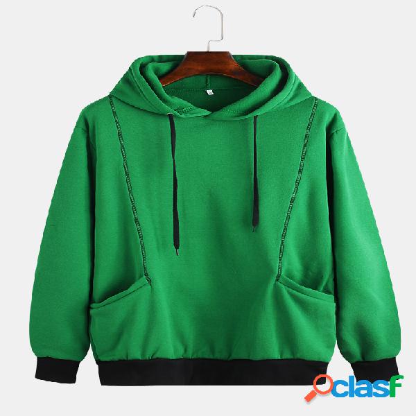 Mens Splice Solid Color Printed Long Sleeve Pocket Hoodies