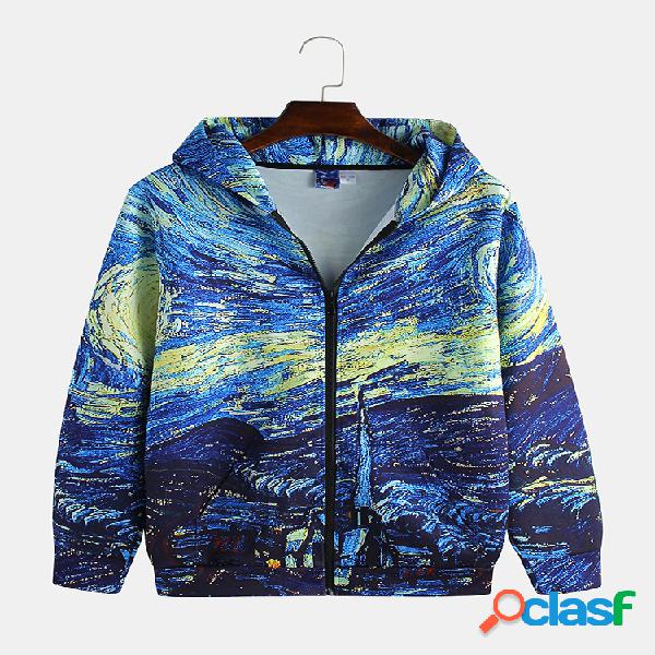 Mens Starry Sky Impresso Zipper manga comprida Casual
