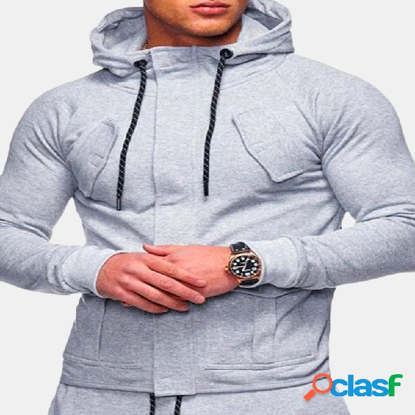 Mens Street Style Drawstring Multi Bolsos Hoodies Zipper