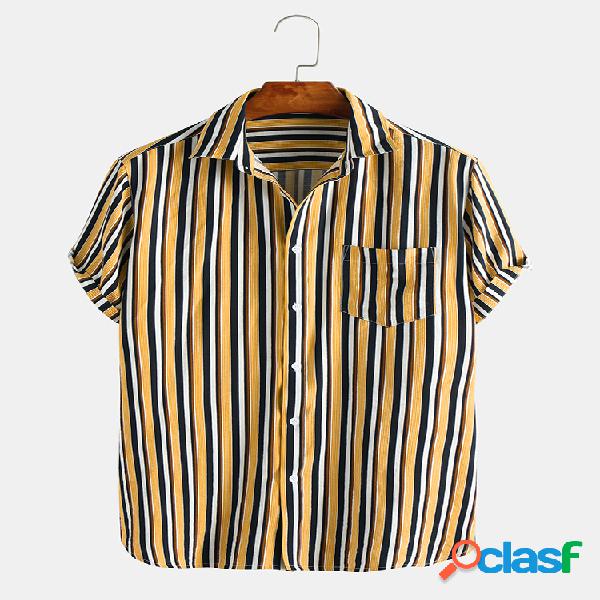 Mens Stripe Printed Chest Pocket Camisas casuais de manga