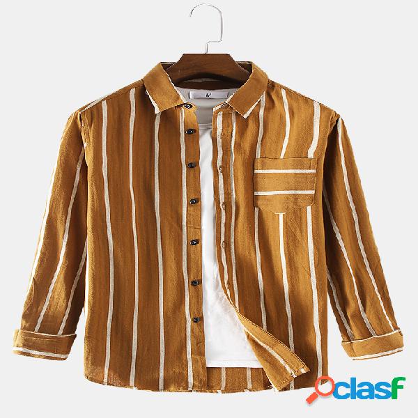 Mens Stripe Printed Chest Pocket Camisas de manga comprida