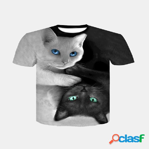 Mens Summer 3D Cat Printing O-pescoço de manga curta Casual