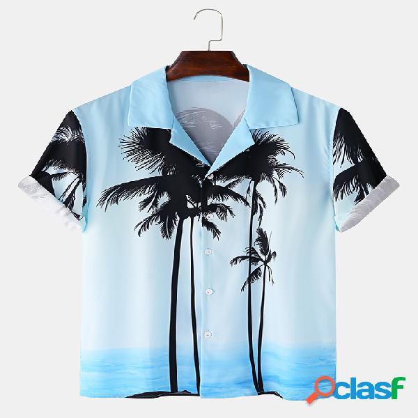 Mens Tropical Hawaiian Coco Impresso Casual Manga curta