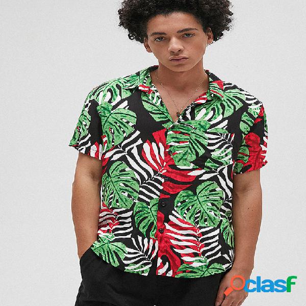 Mens Tropical Planta Impresso manga curta peito bolso lapela