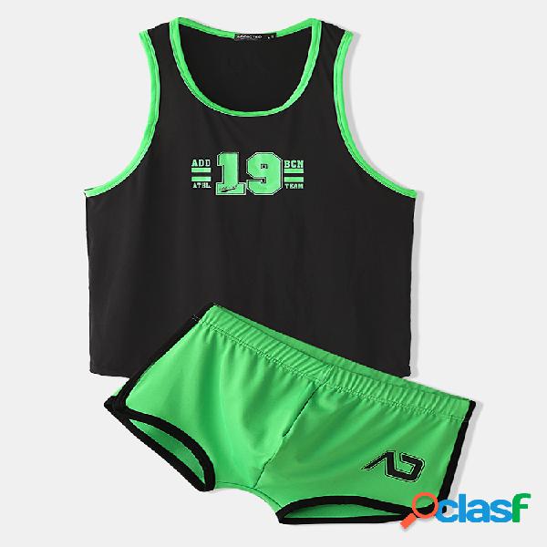 Mens Two Pieces Letter Print Quick Dry Sports Vest Suit