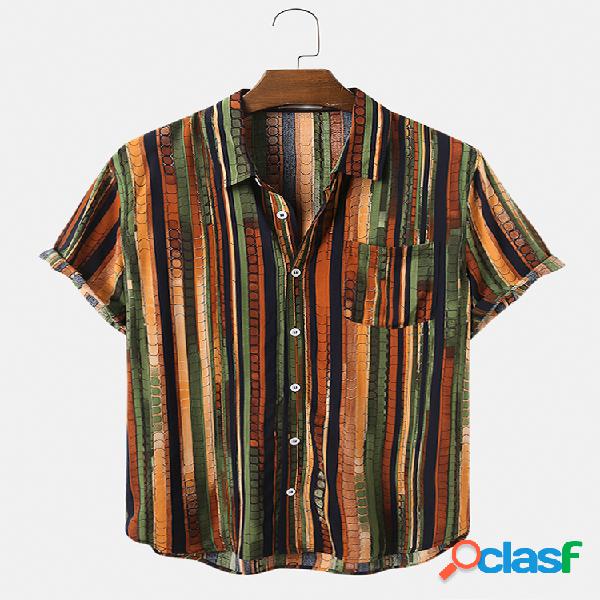 Mens Vintage Multi Color Striped Casual Peito Pocket Camisas