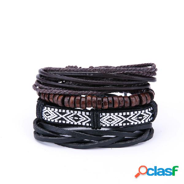 Mens Vintage Multilayer Pulseiras De Couro Padrão