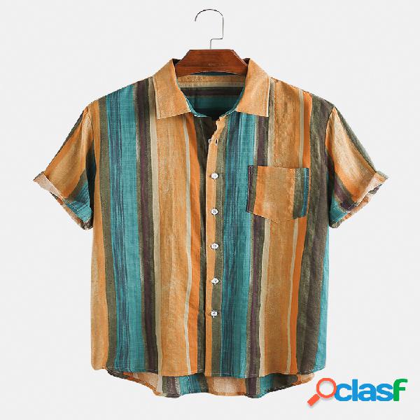 Mens Vintage Oli Painting Striped Casual Chest Camisas de