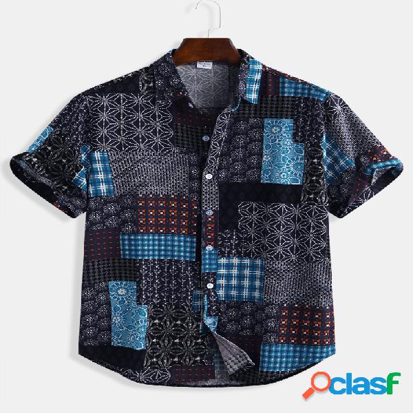 Mens algodão impressão manga curta estilo étnico camisas