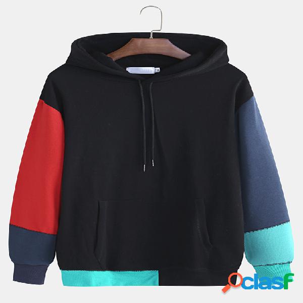 Mens algodão patchwork contraste cor muff bolsos hoodies