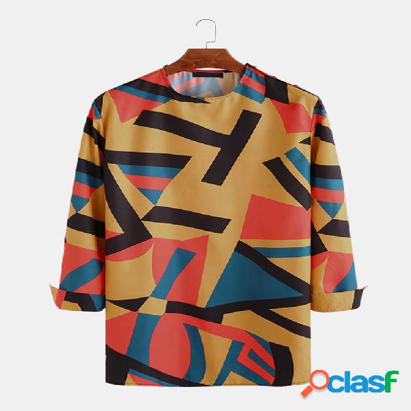 Mens casual geométrica costura cor em torno do pescoço