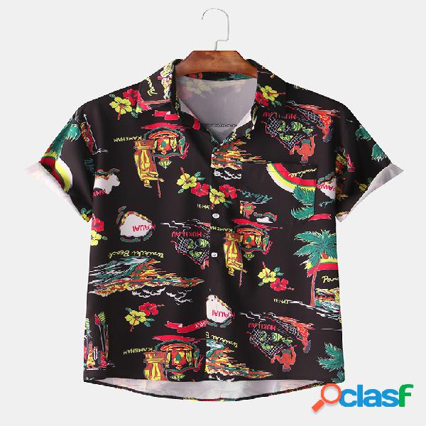 Mens elemento egípcio figura impresso floral manga curta
